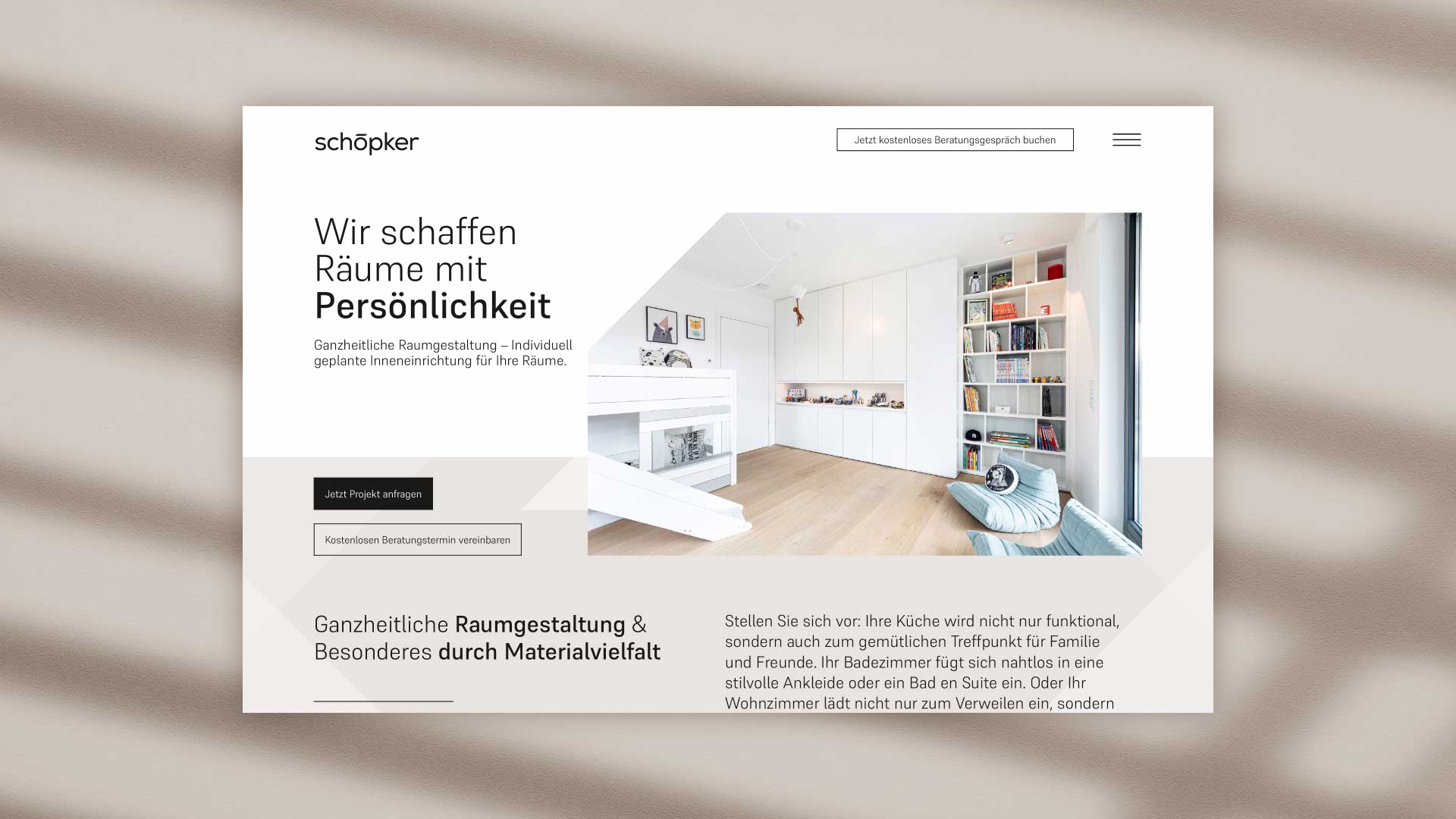 Strukturierte Darstellung der Leistungsbereiche – von Möbelbau über Raumkonzepte bis zur Maßanfertigung