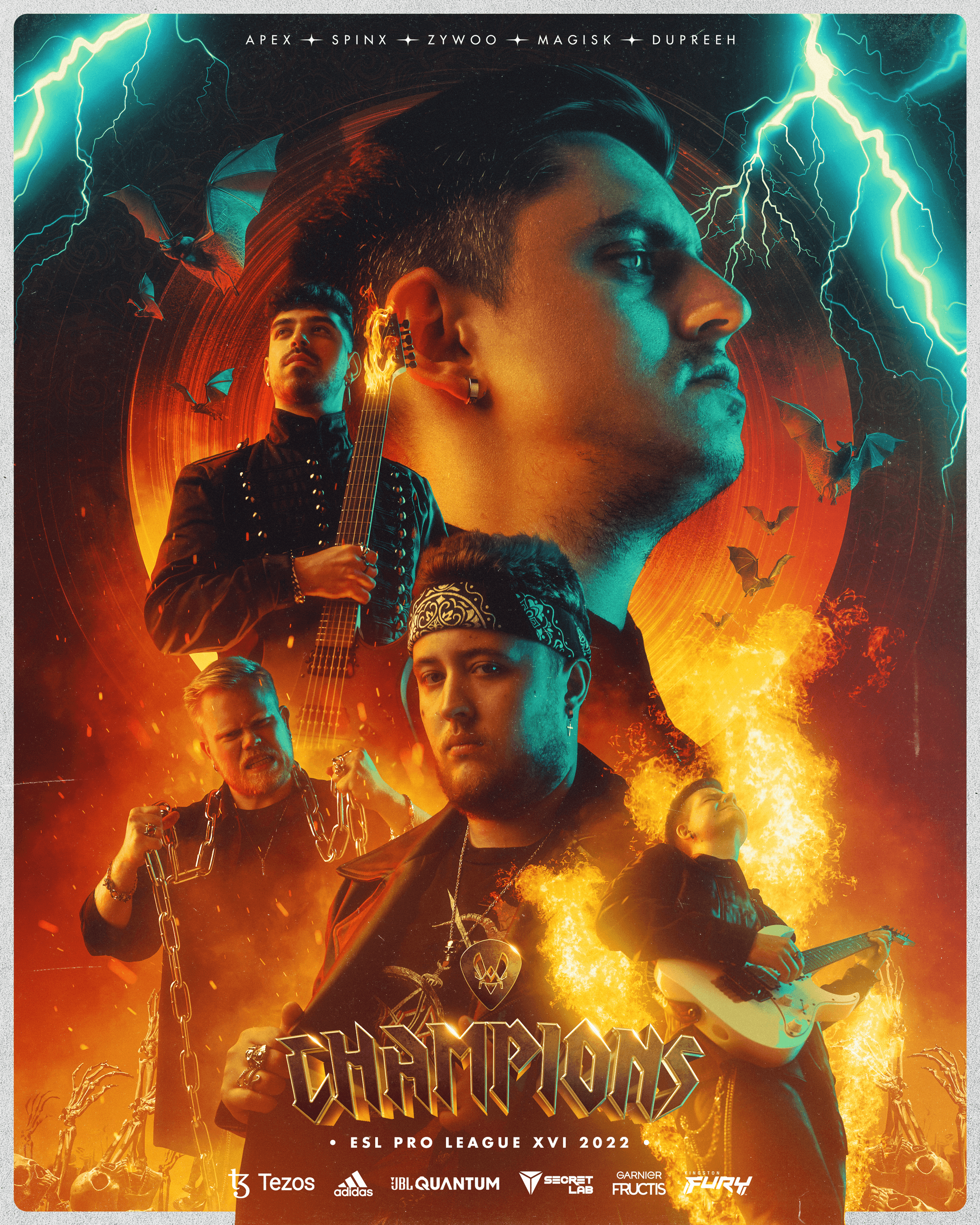 Visuel du projet Metality : 5 hommes sur un fond de feu et d'éclairs, avec le titre « Champions ESL Pro League XVI 2022 », logos des sponsors blancs en bas, et les noms des joueurs en haut de l'image.