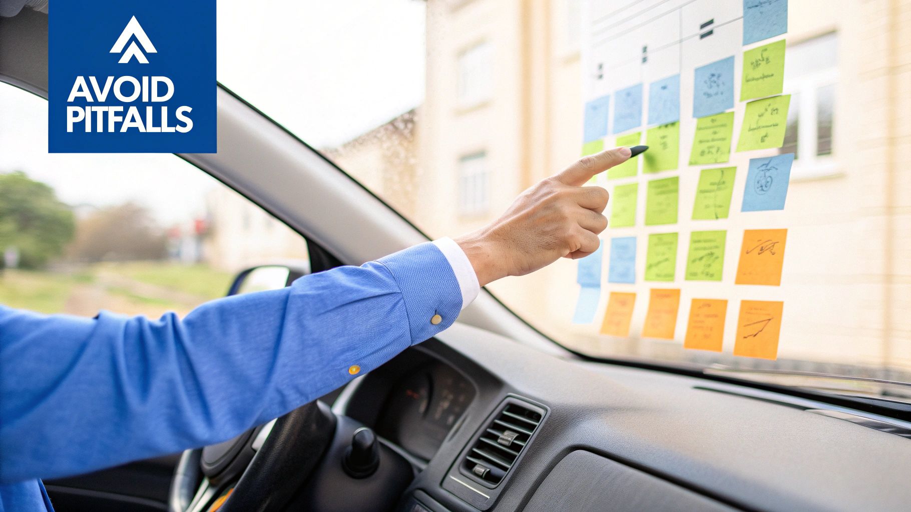 A person's hand inside a car points at colorful sticky notes on a clear board, representing visual planning.