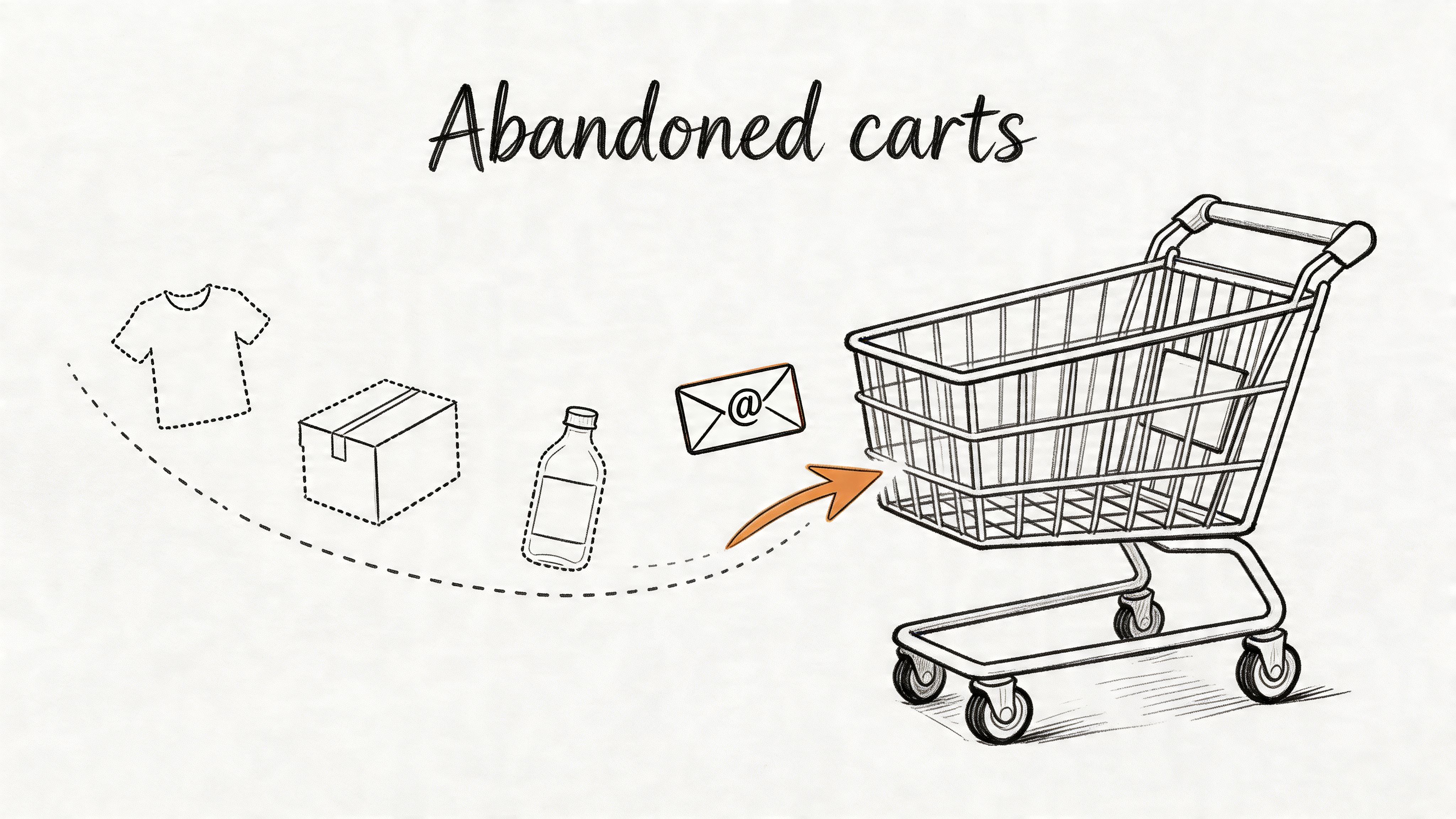 A conceptual illustration of abandoned shopping carts in e-commerce featuring various products and an email icon