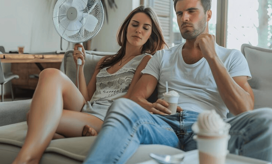 image of a couple suffering with the heat before calling the best HVAC service Grapevine has to offer