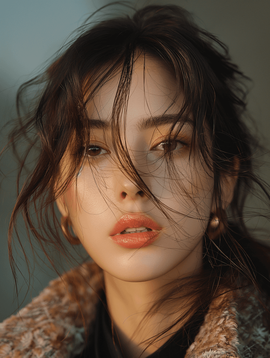 Close-up of a woman with messy hair and gold hoop earrings under warm, golden hour light.