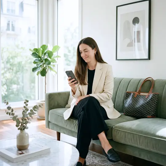 Woman sitting on a sofa looking at her phone with a designer bag beside her in a bright living room.