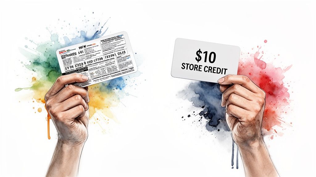 Two hands hold a loyalty card and a $10 store credit card against a colorful watercolor splash background.