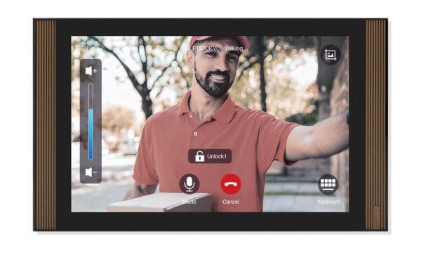 Black smart home device with screen showing time and temp