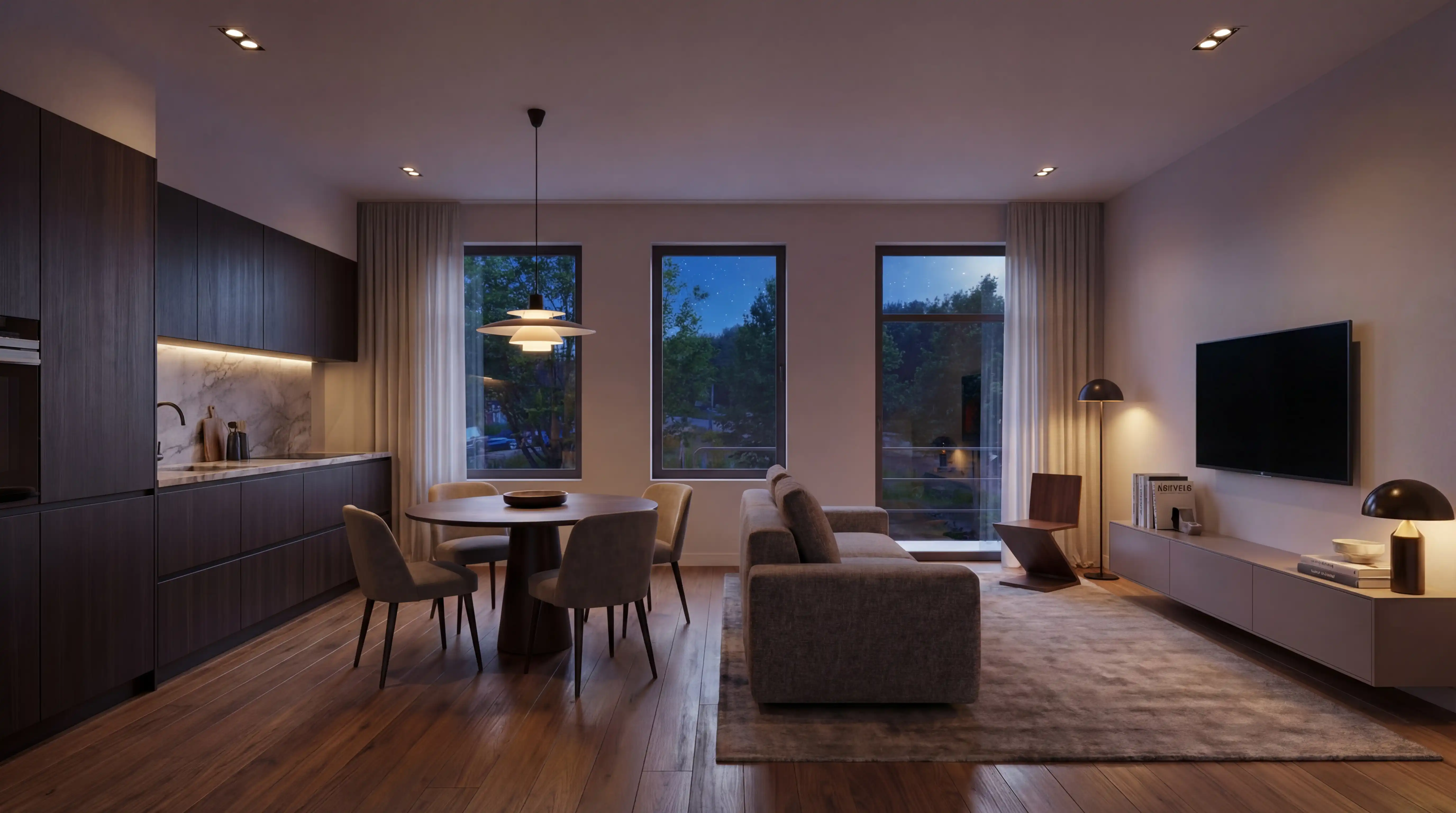 Avondbeeld van het  interieur van dezes studio 