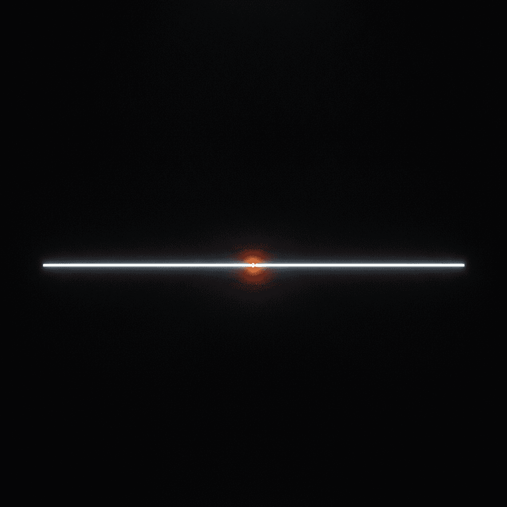 Single thin orange line crossing deep black void, broken at center where it glows