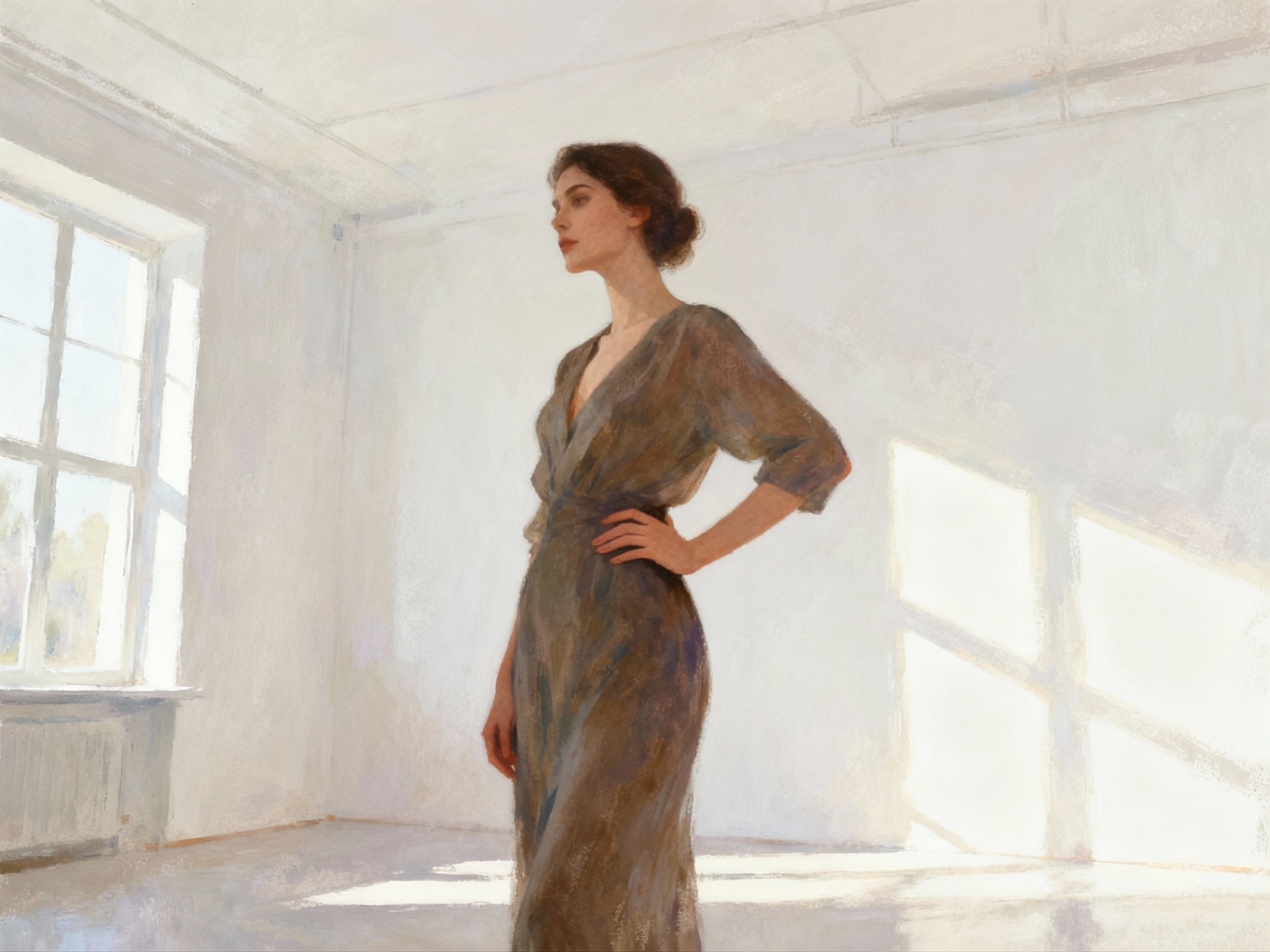 In a serene, sunlit studio with minimalist white walls, a model performs a classic hand on hip pose