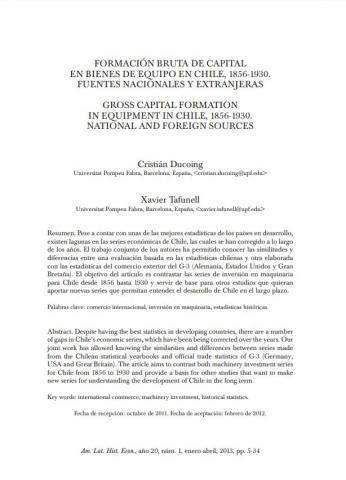 Formación bruta de capital en bienes de equipo en Chile, 1856-1930. Fuentes nacionales y extranjeras