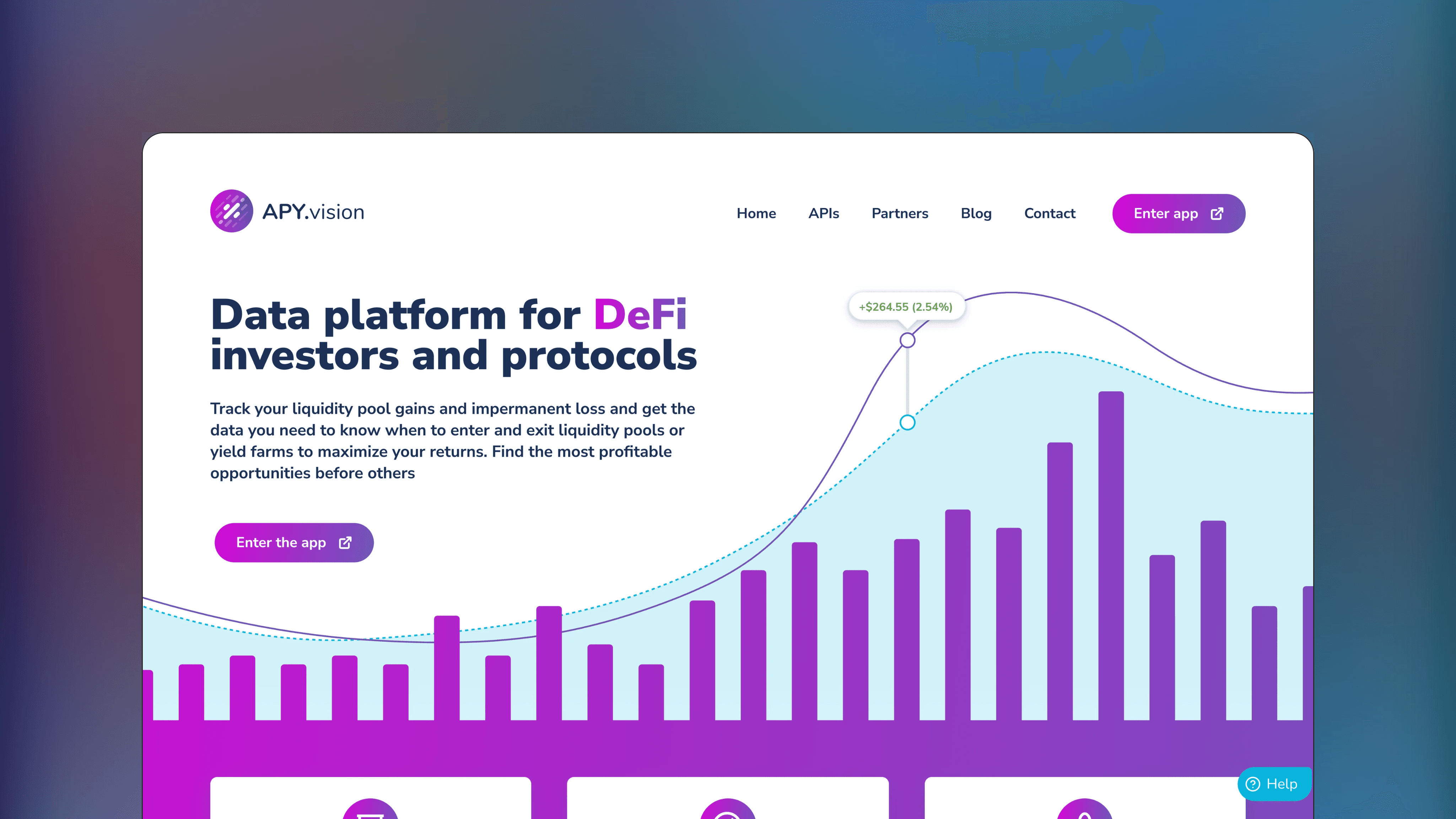 Website preview of APY.vision, trade analytics crypto platform showing a dashboard of performance data for decentralized liquidity pools.