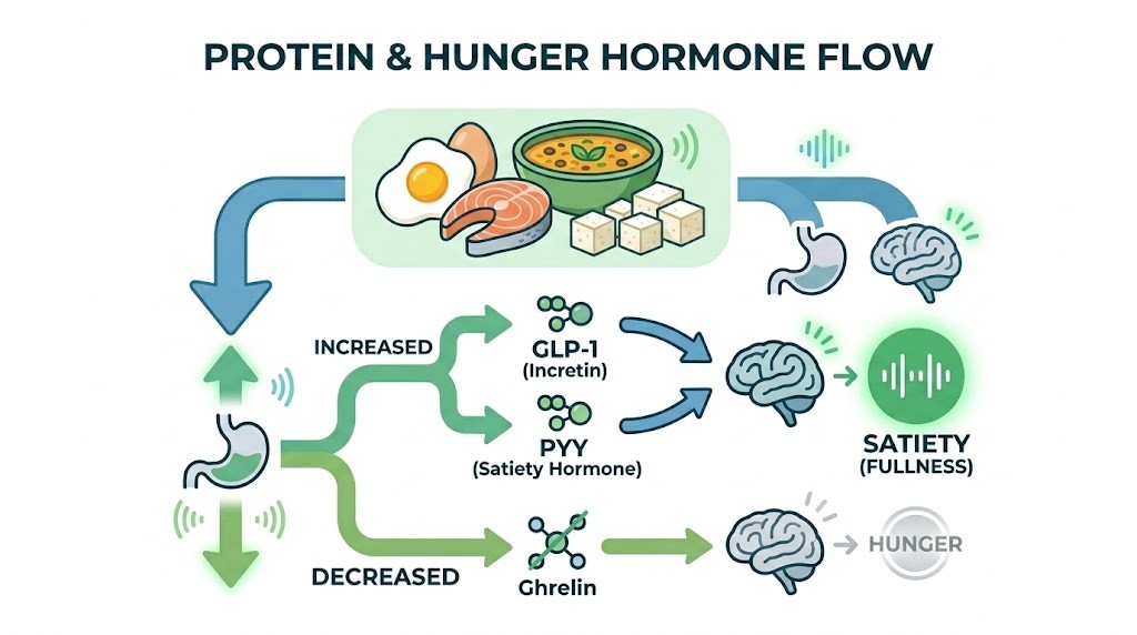An infographic illustrating how protein intake affects hunger hormones and brain signaling to create satiety. The top section shows protein sources like eggs, salmon, and a soup. A stomach icon displays food ingestion. Green arrows show protein-triggered 'INCREASED' secretion of GLP-1 (Incretin) and PYY (Satiety Hormone), which signal the brain to promote 'SATIETY (FULLNESS)'. A red arrow shows 'DECREASED' Ghrelin secretion, signaling the brain to reduce 'HUNGER'. The process creates a 'Protein & Hunger Hormone Flow' that suppresses appetite.