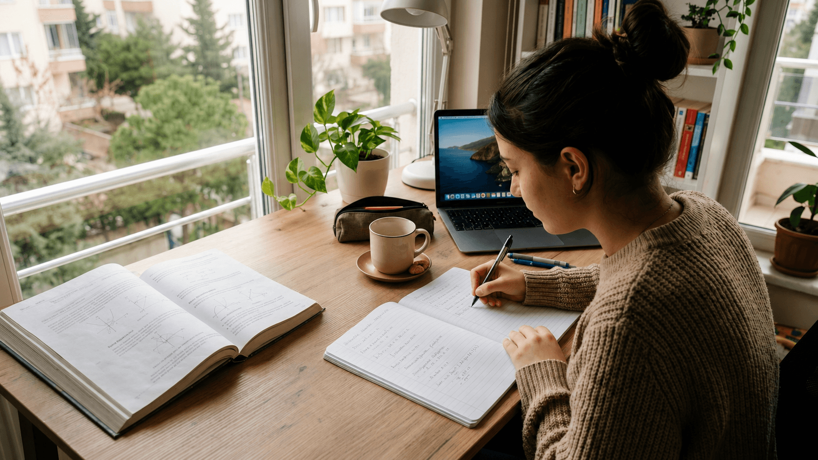 Pencere kenarındaki ahşap çalışma masasında ders çalışan bir öğrenci, defterine not alırken açık matematik kitabı, dizüstü bilgisayar, sade bir kupa, masa lambası ve saksı bitkileriyle düzenli ve aydınlık bir çalışma ortamında odaklanmış şekilde çalışıyor.
