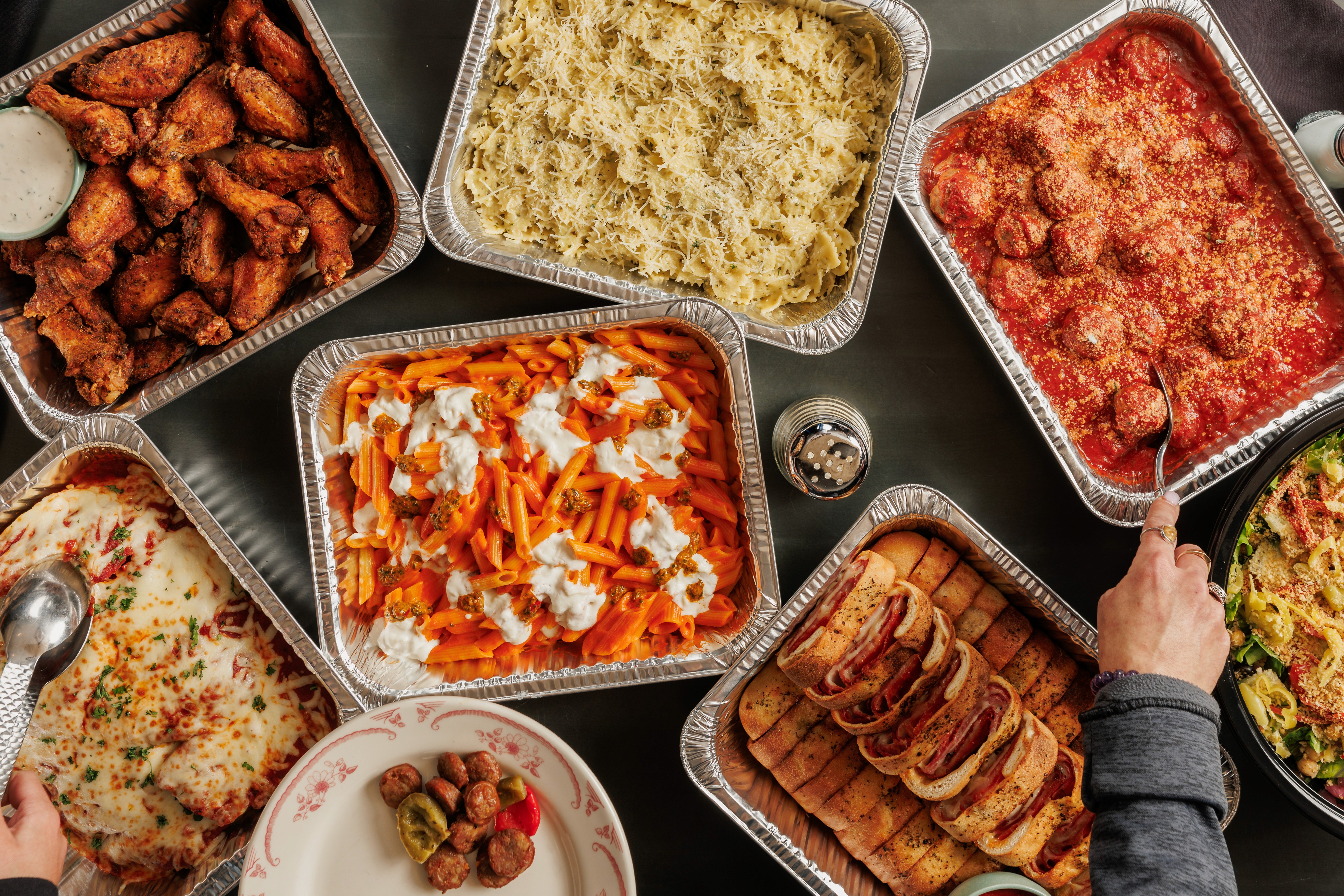 a pan of degidios meatballs for catering