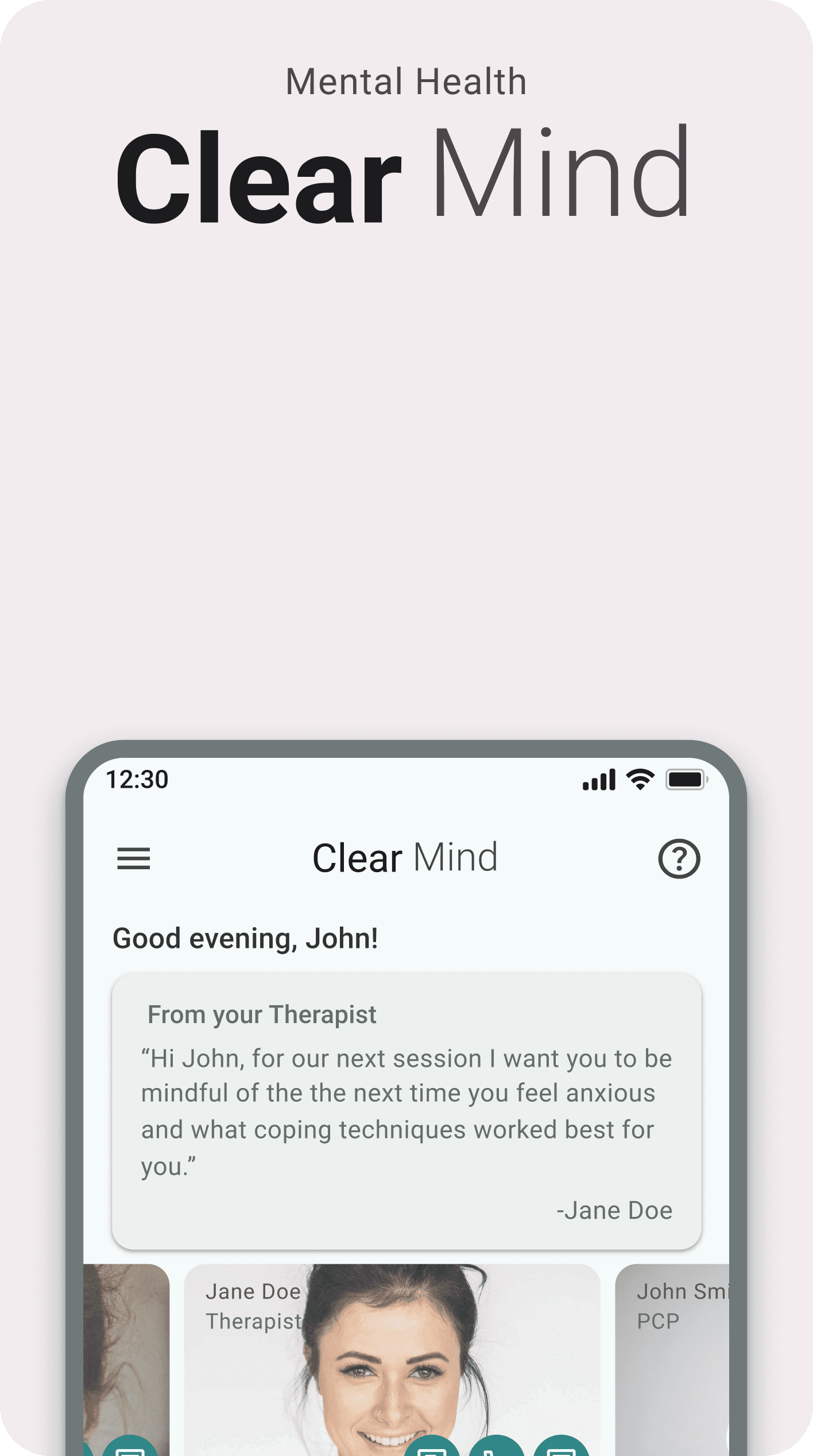 High-fidelity mockup of the Clear Mind app, featuring a personalized 'Good evening' greeting, a supportive message card from a therapist, and a scrollable list of healthcare provider profiles.