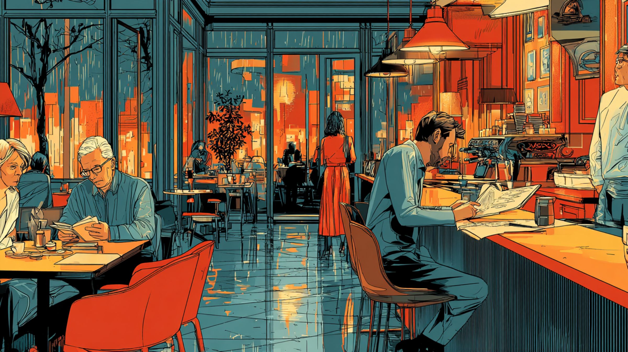 Rows of executives watch endless glowing screens in a vast command center — creativity reduced to data and display.