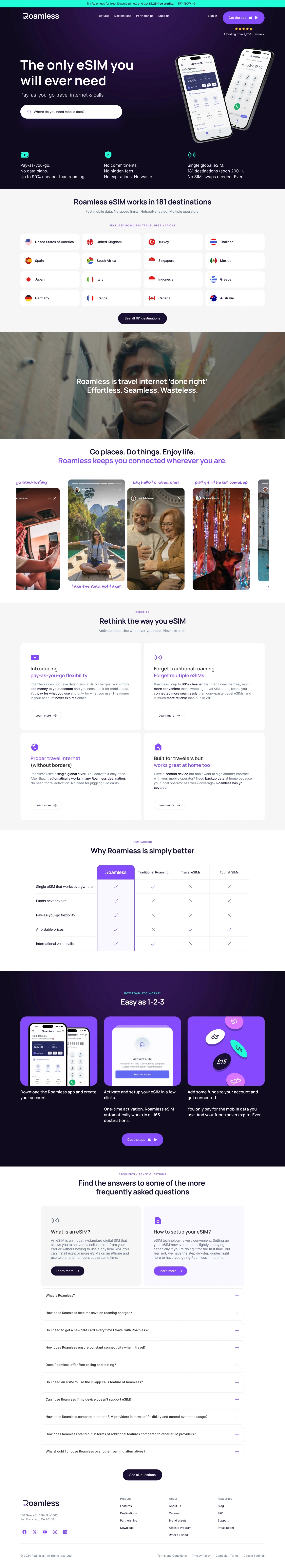 Roamless landing page screenshot showcasing Tech and Travel design