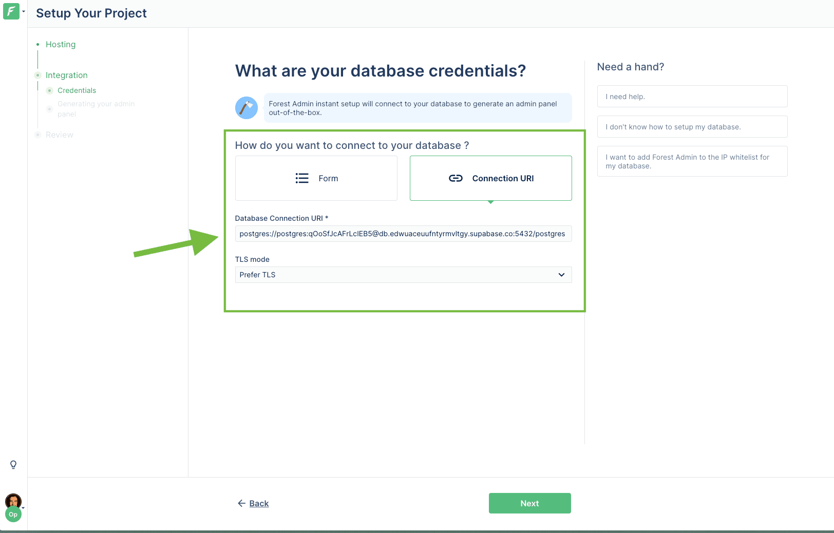 PostgreSQL connection string to set up in Forest Admin.
