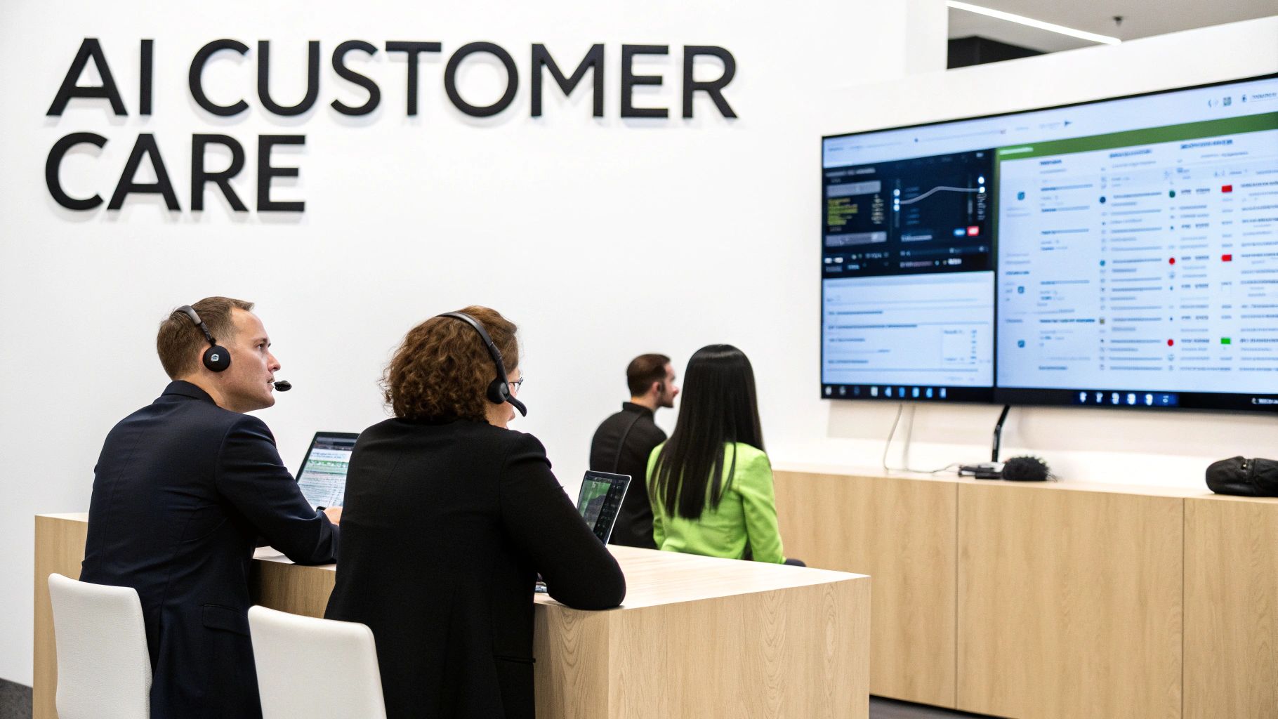 People with headsets working in an AI customer care center, looking at laptops and a large data screen.