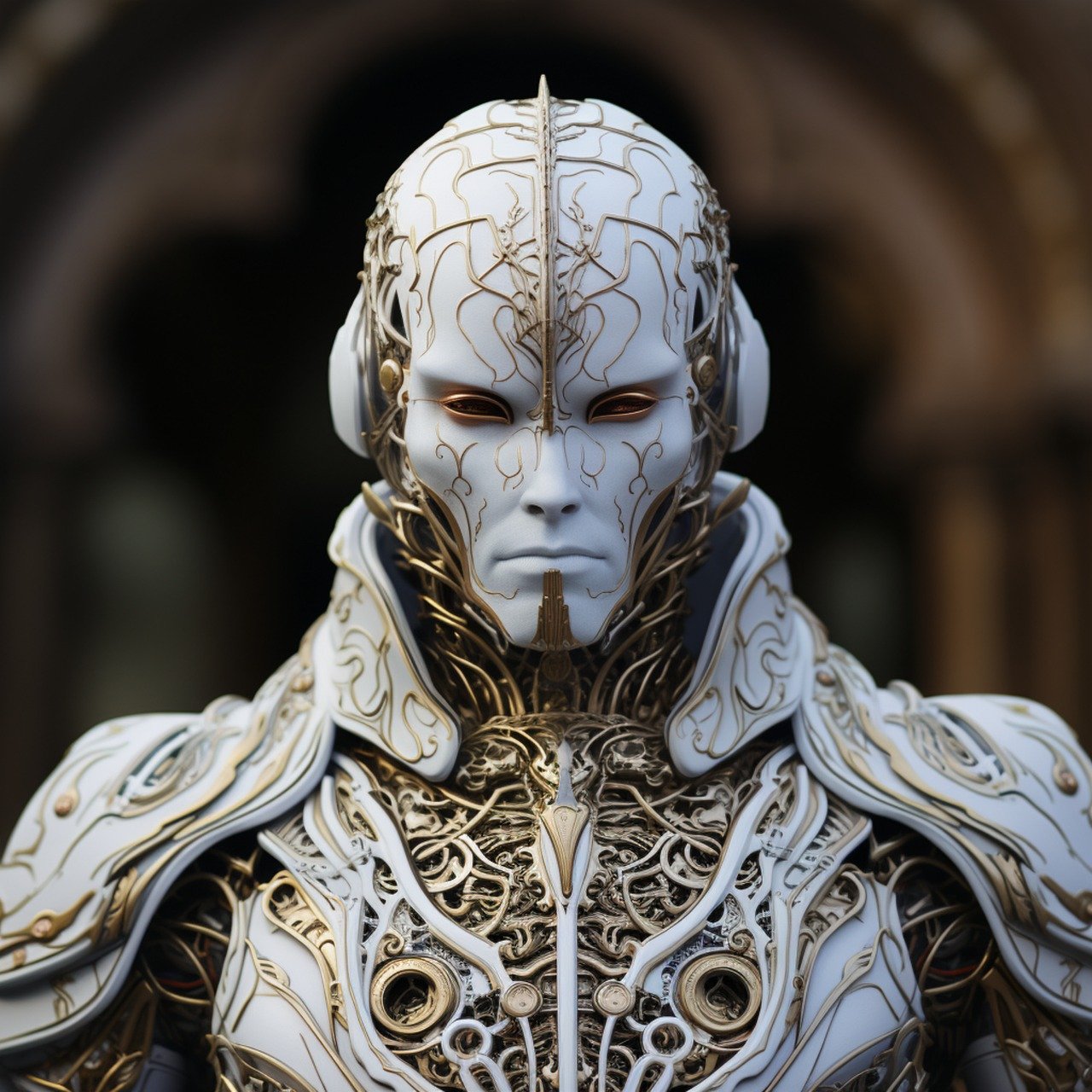 A face portrait of a cyborg alien man who wears a suit of gold and white armour