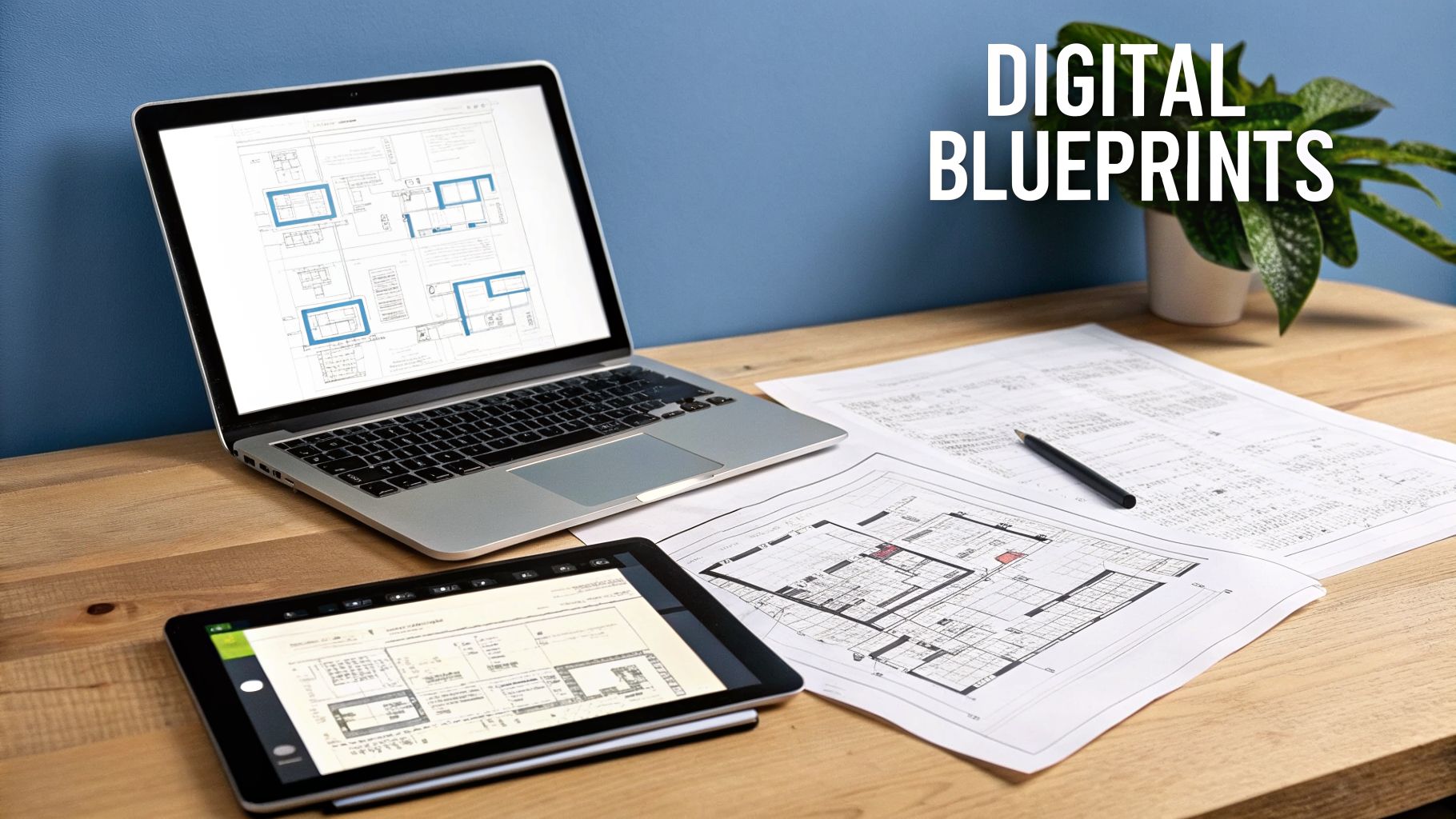 Digital blueprints displayed on a laptop and tablet, with printed architectural plans on a wooden desk.