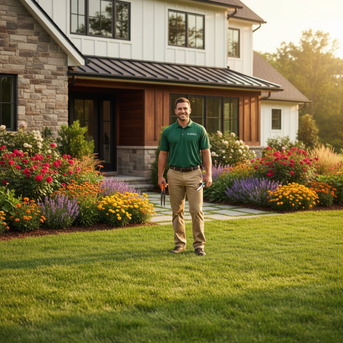 Man holding cutters on a fresh cut lawn