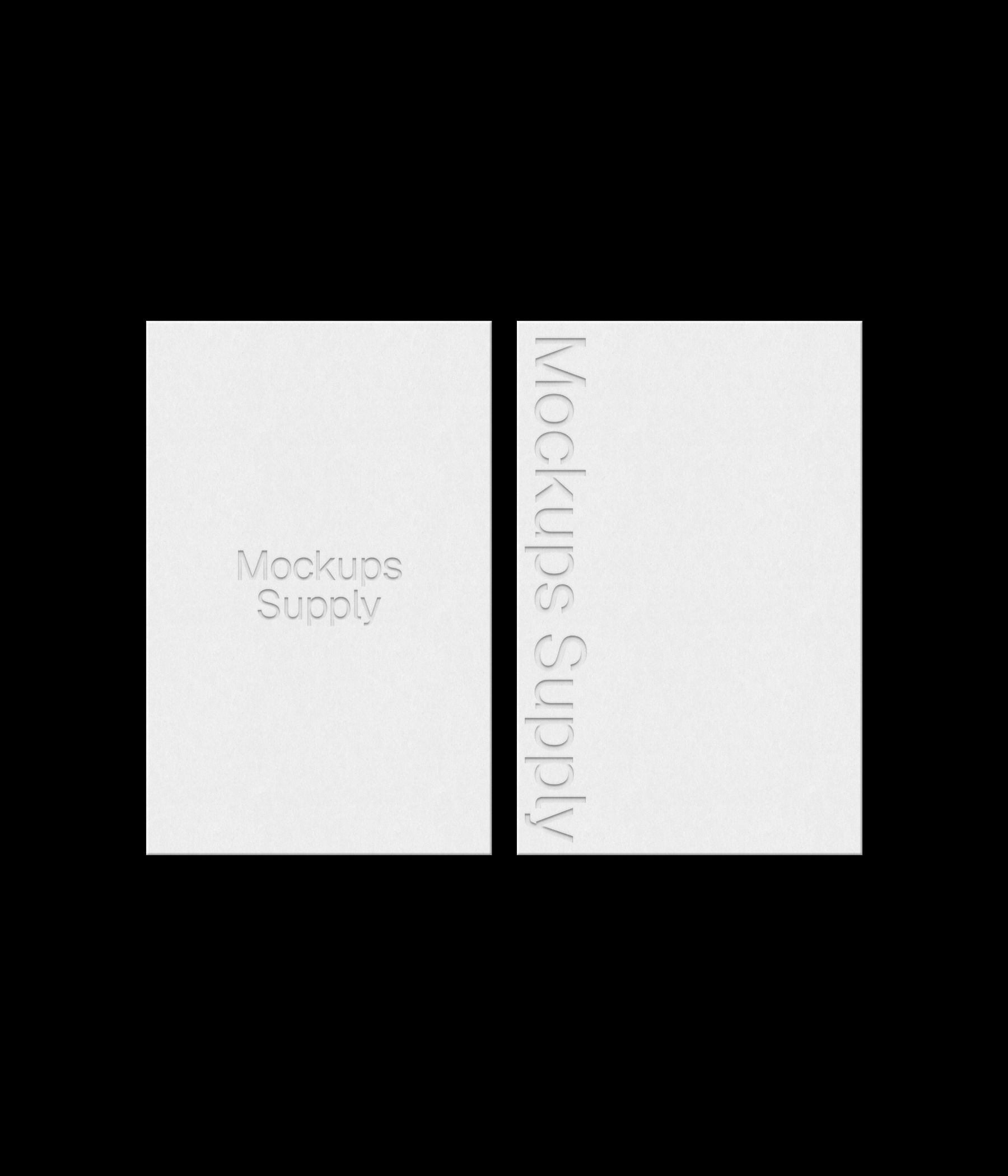 2 European business cards mockup for Photoshop with debossed text effect, white cards on black background, minimal branding and stationery presentation