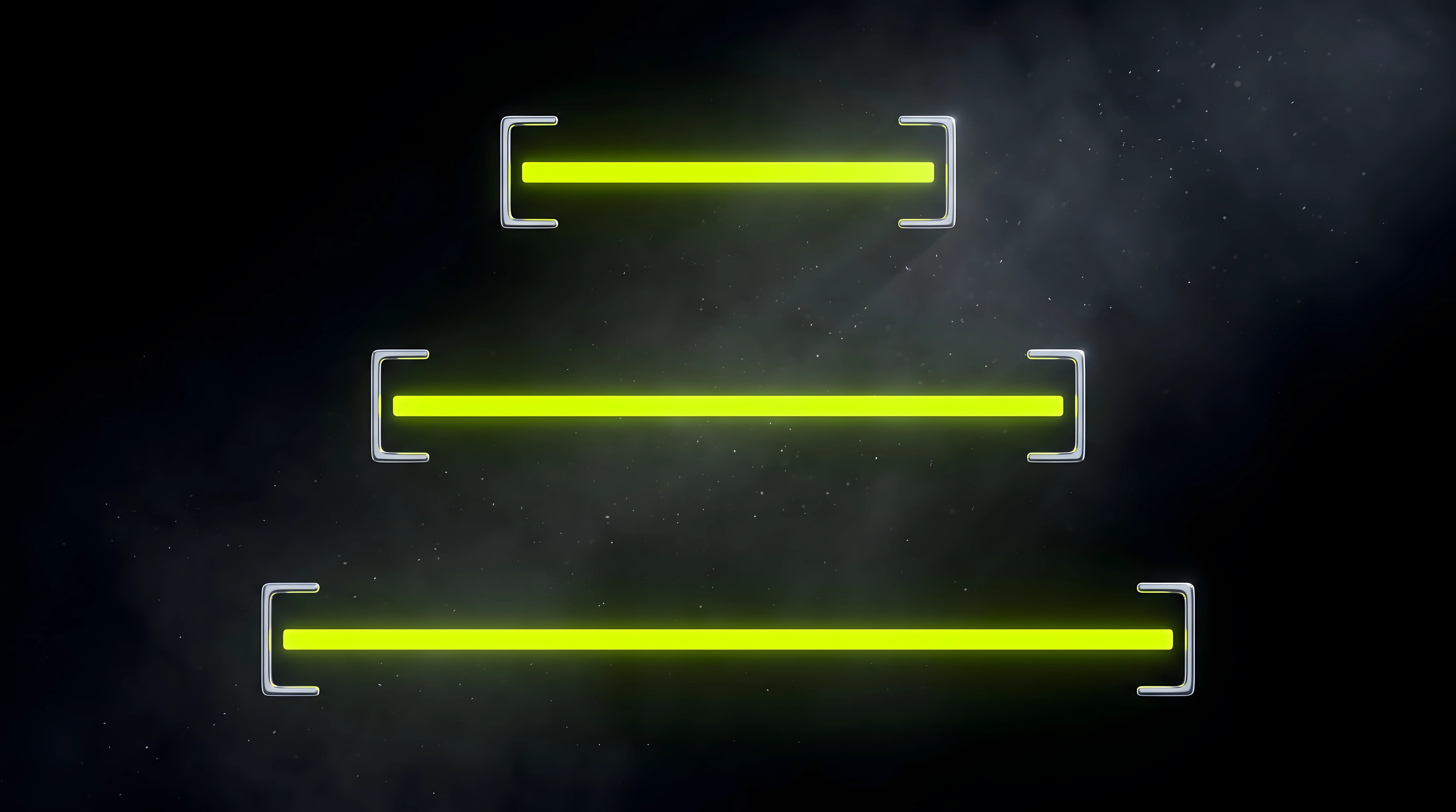 Three liquid chrome brackets of increasing width stacked on deep void black, each holding a toxic lime bar of matching length, representing three retainer tiers scaled by reserved hours.