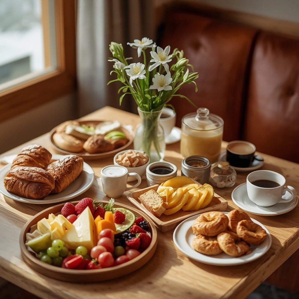 Frische Croissants mit Beerenmarmelade und aufgeschnittenem Brot im Korb – Frühstück im Chalet-Stil