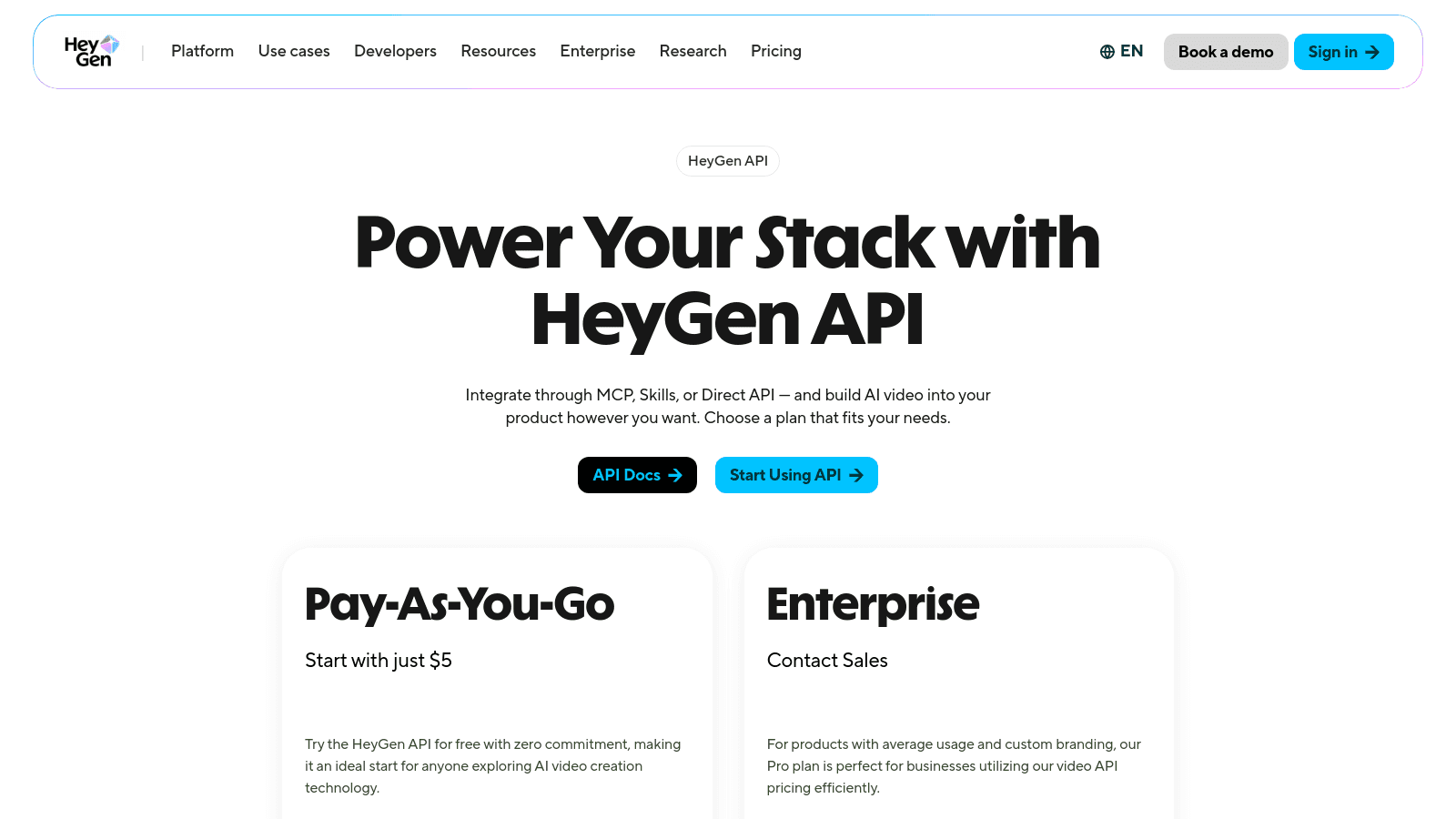 HeyGen API marketing and pricing page featuring pay-as-you-go and enterprise plans with navigation menu.