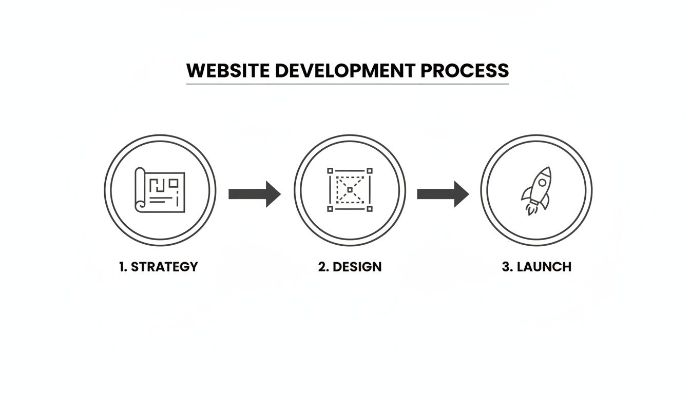 Three-step website development process showing strategy, design, and launch phases with icons and arrows.