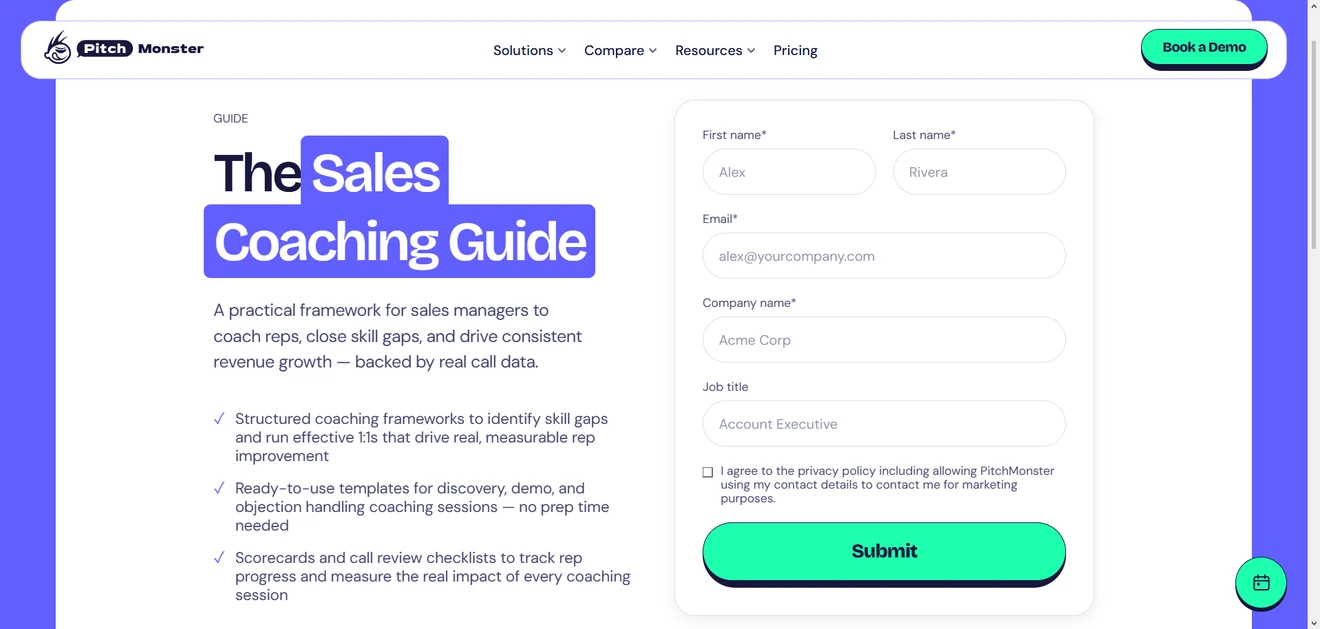 PitchMonster Sales Coaching Guide landing page with a benefit summary and lead-capture form