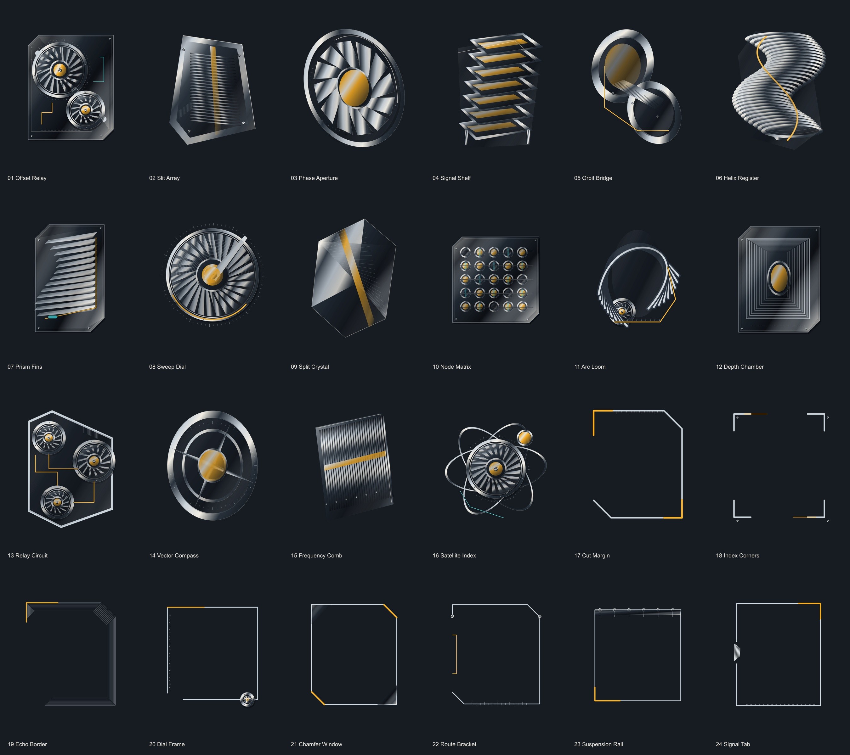 Overview of 24 original Circuit Vector compositions and editorial frames. Preview artwork.