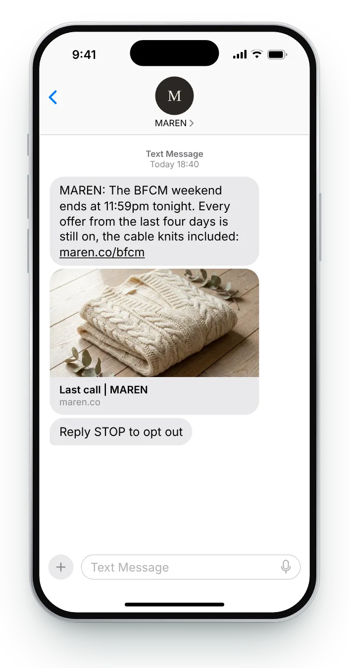 The whole weekend closes tonight BFCM text on an iPhone