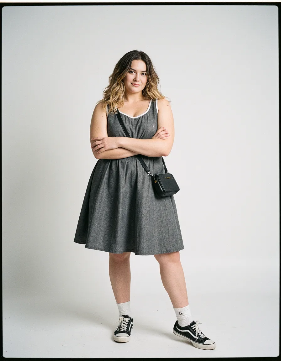 Fashion photograph featuring a grey dress styled with black sneakers and a small crossbody bag against a minimalist white backdrop