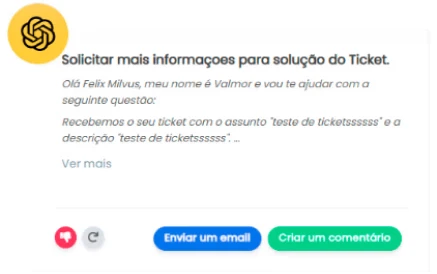 IA do Milvus sugerindo texto para solicitar mais informações ao cliente no ticket