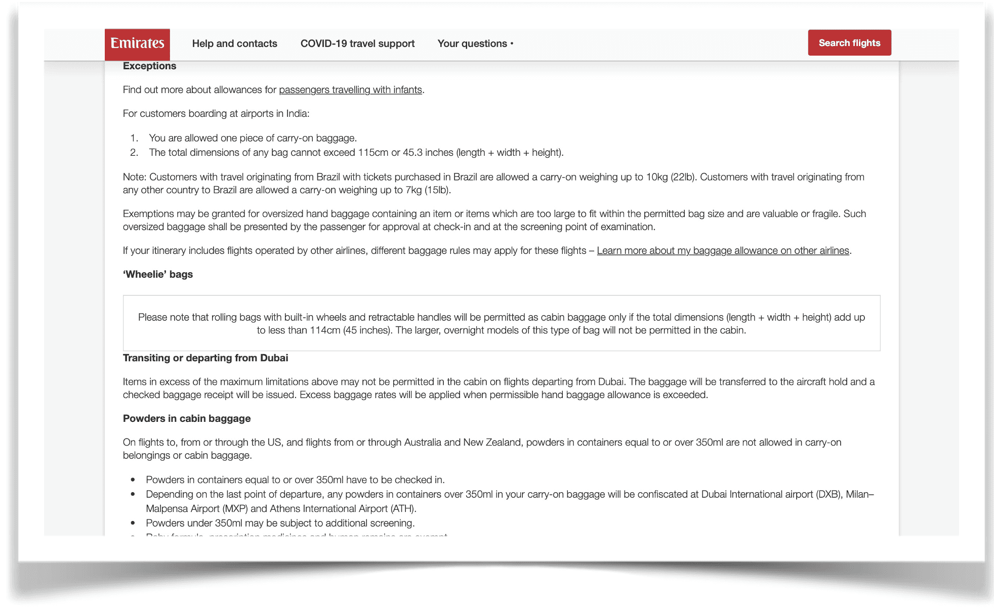 Baggage allowance info