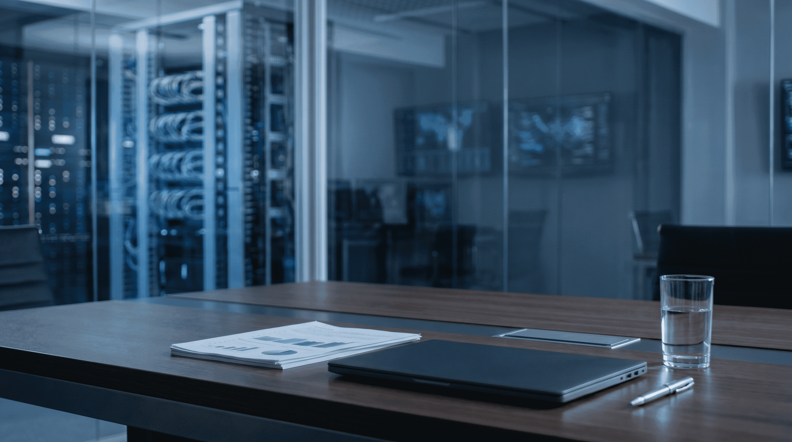 Technology, AI and automation advisory represented by a premium industrial operations space with glass, control screens, precision machinery and institutional blue lighting.