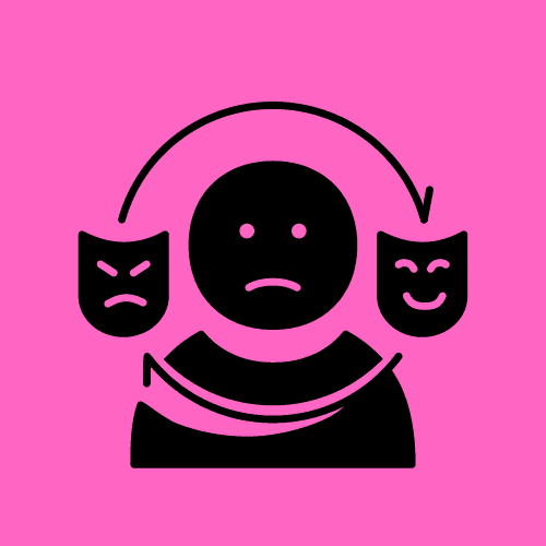 Central figure with a neutral face surrounded by a rotating arrow pointing to a happy and a sad theatrical mask, on a pink background.