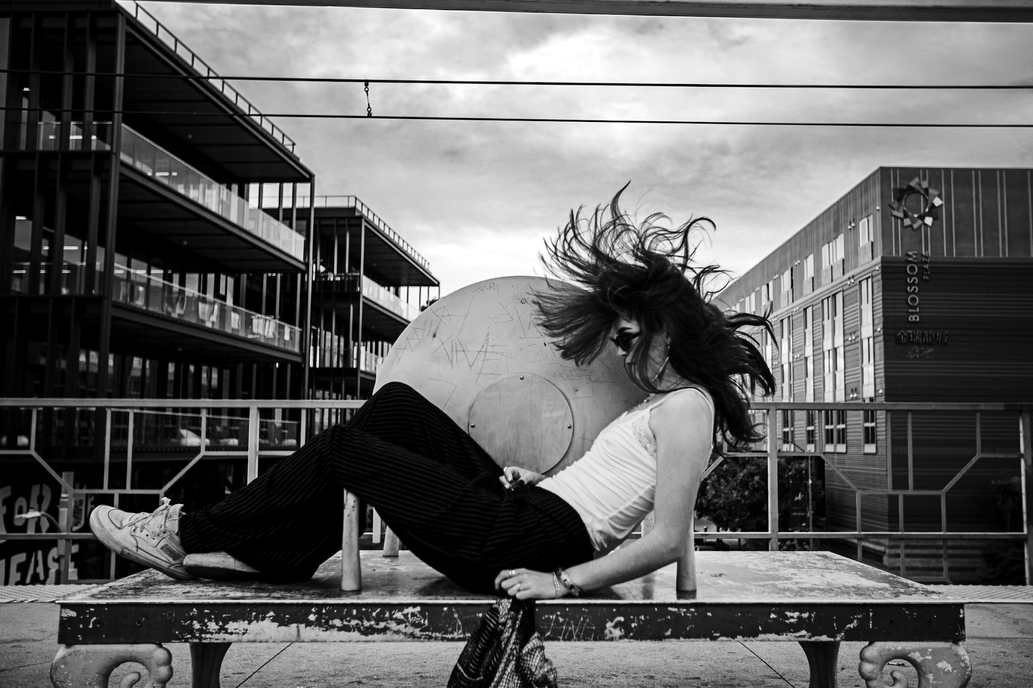 Girl running on a bridge