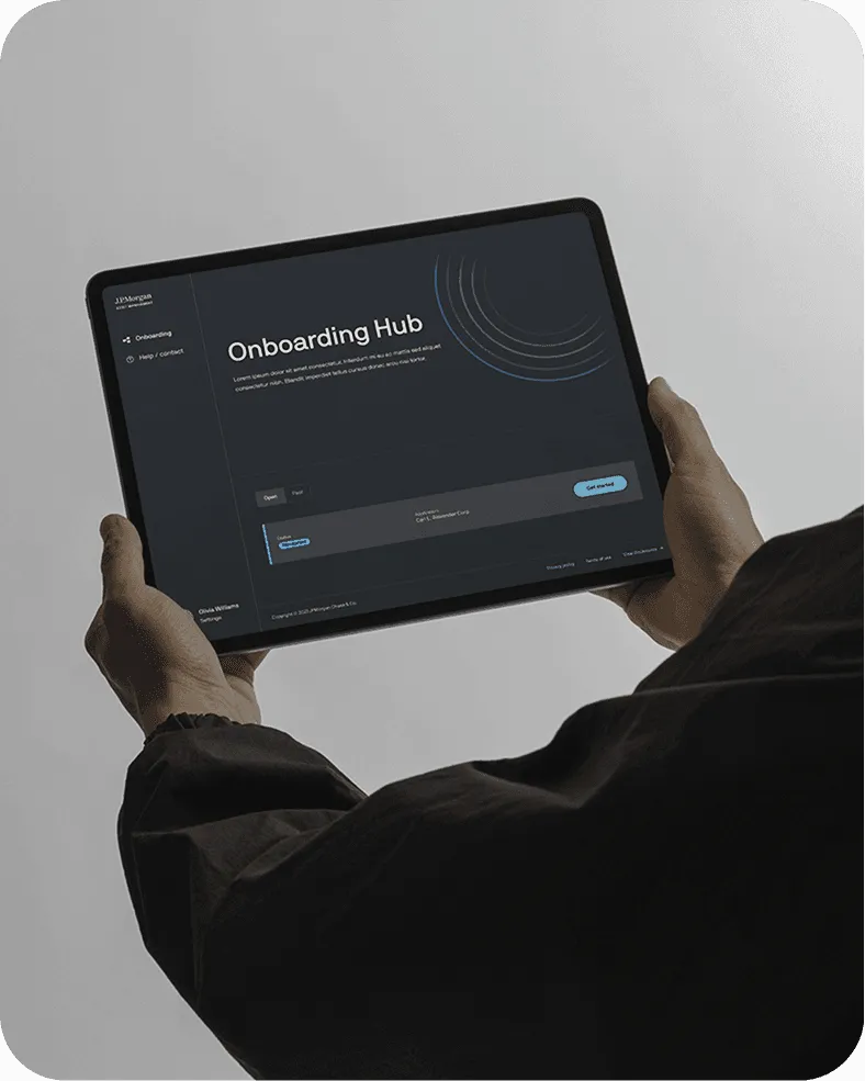 a person holding a tablet with a rendering of a app/tool.