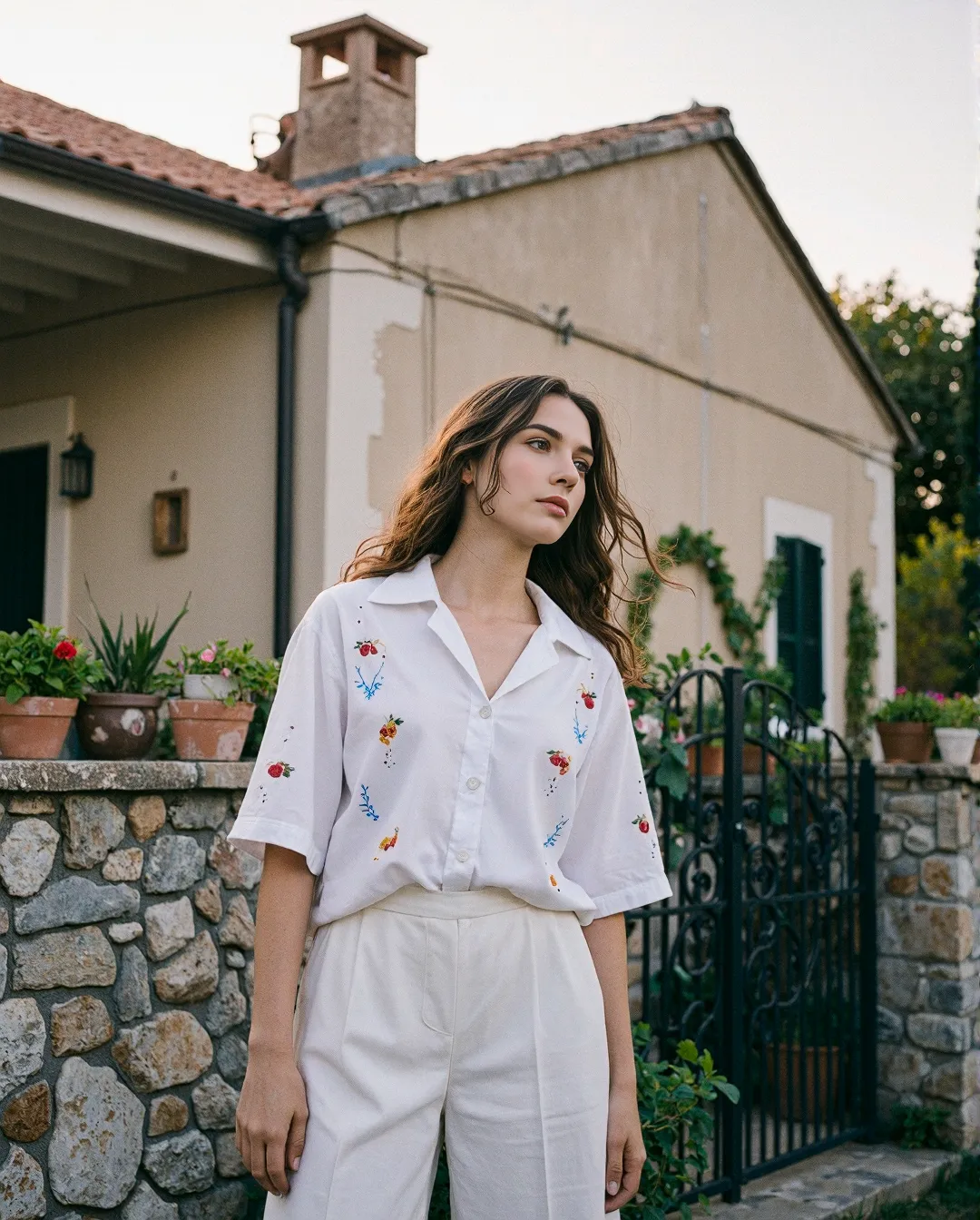 Person in white embroidered shirt and trousers standing by stone wall and Mediterranean villa with terracotta roof and potted garden plants