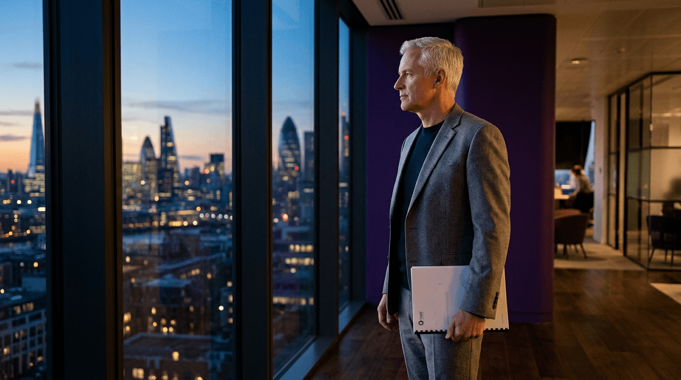 Senior communications executive standing at floor-to-ceiling office window at dusk, holding a printed report and reflecting on strategic next steps