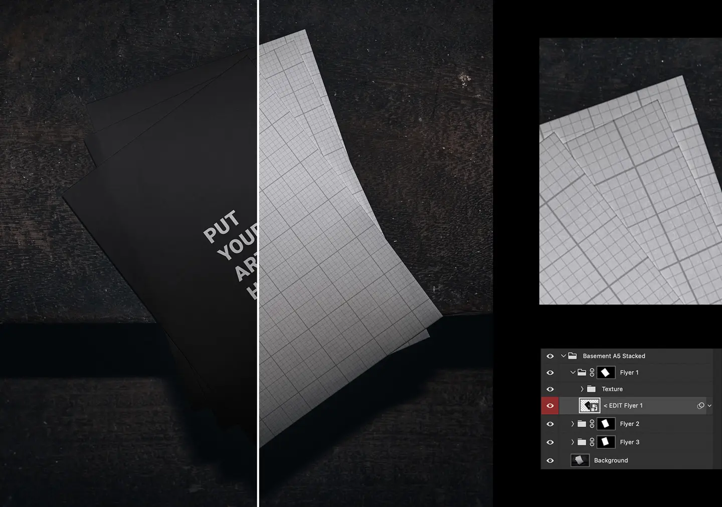 Photoshop layers view showing the easy smart object setup for the A5 flyer stack mockup