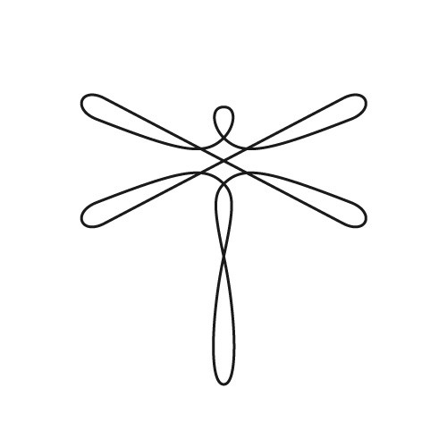 Black and white line art illustration of a dragonfly formed with just one line going in circles.