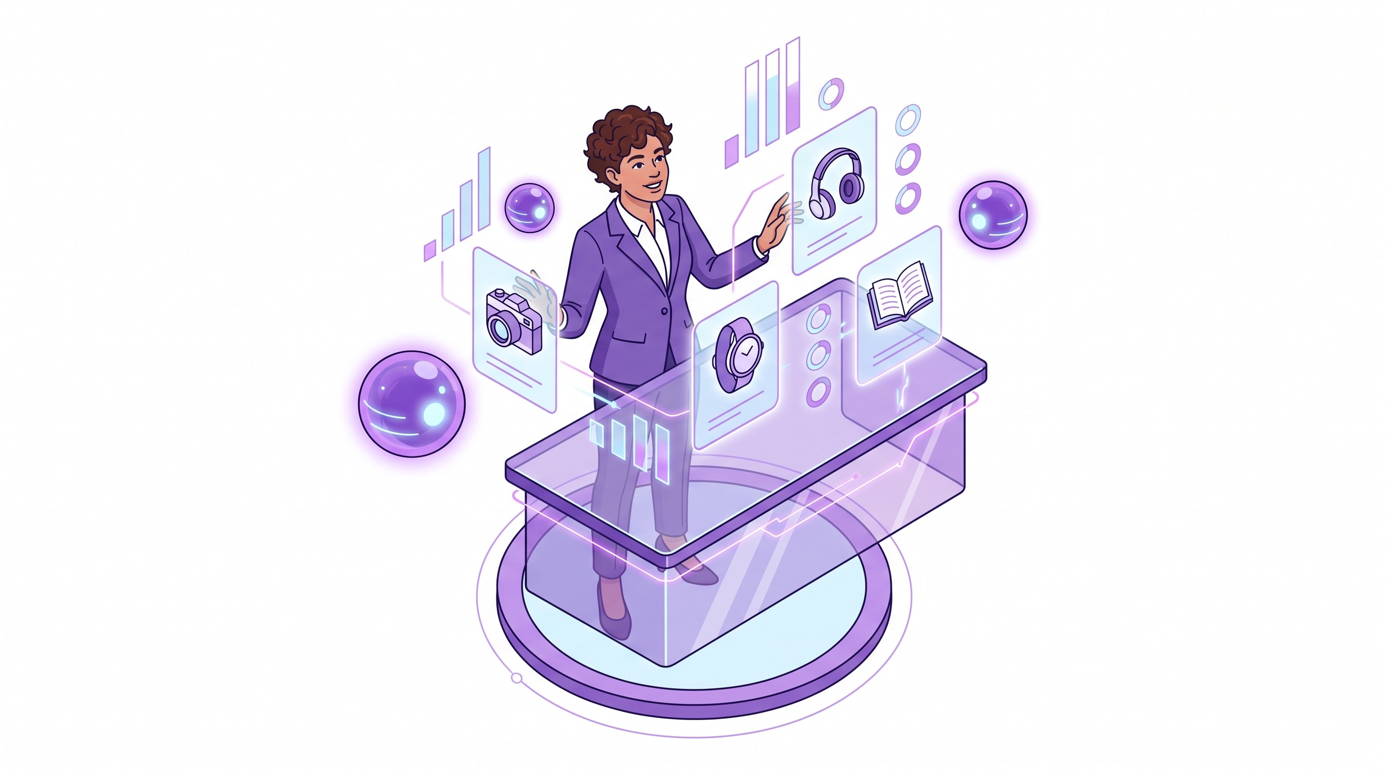 Shopify merchant confidently reviewing AI-powered catalog and order insights at a workstation