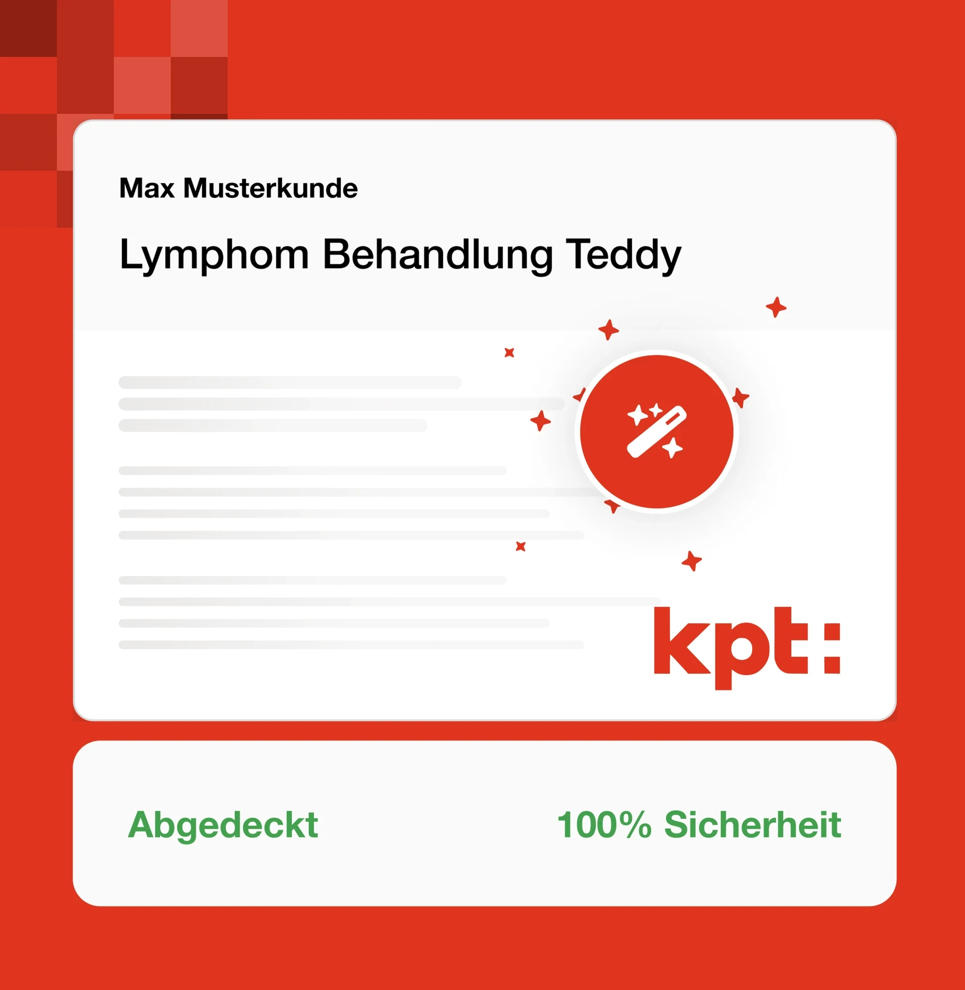 KPT health insurance digital interface displaying lymphoma treatment information for Teddy with security verification badge.