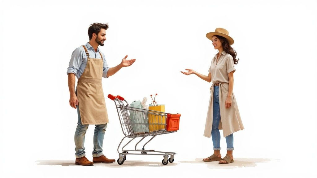 A store employee in an apron assists a smiling woman with a shopping cart full of bags.