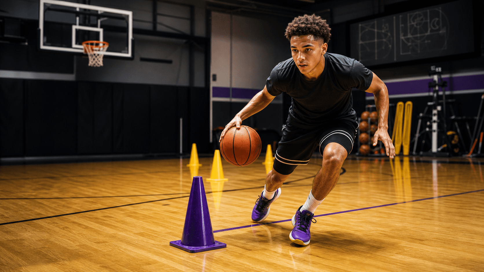 Basketball player working through a cone drill on an indoor court