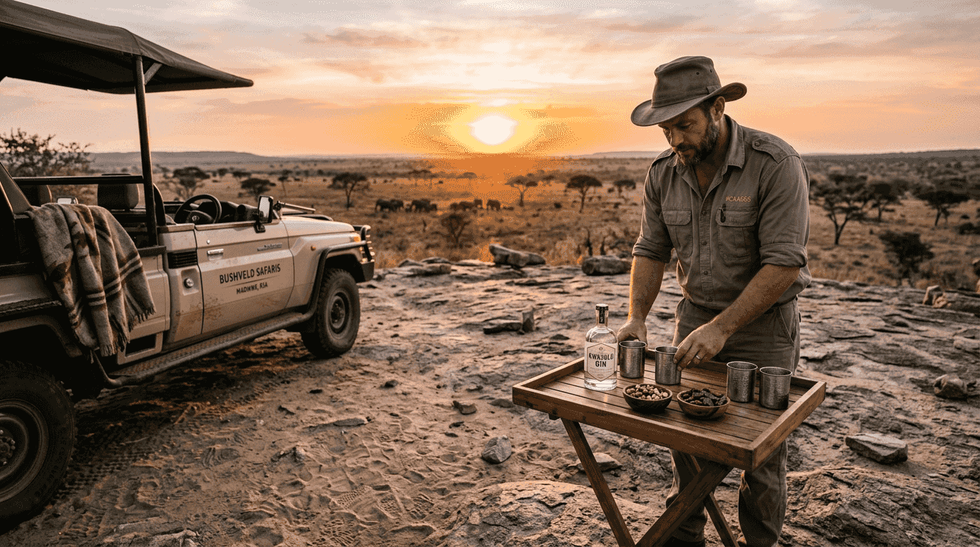 Safari guide preparing sundowner table at sunset