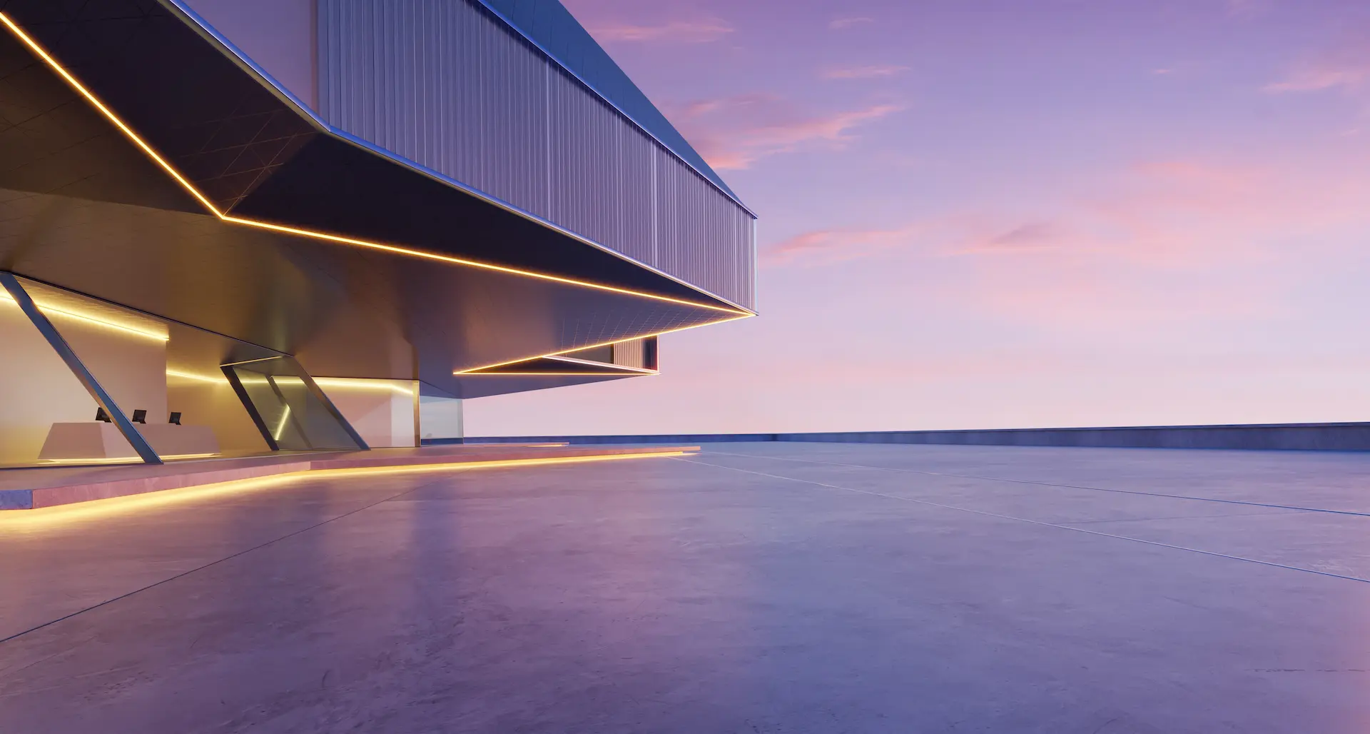 Modernes Architekturgebäude im violetten Abendlicht als Symbol für Vertrauen und Qualität